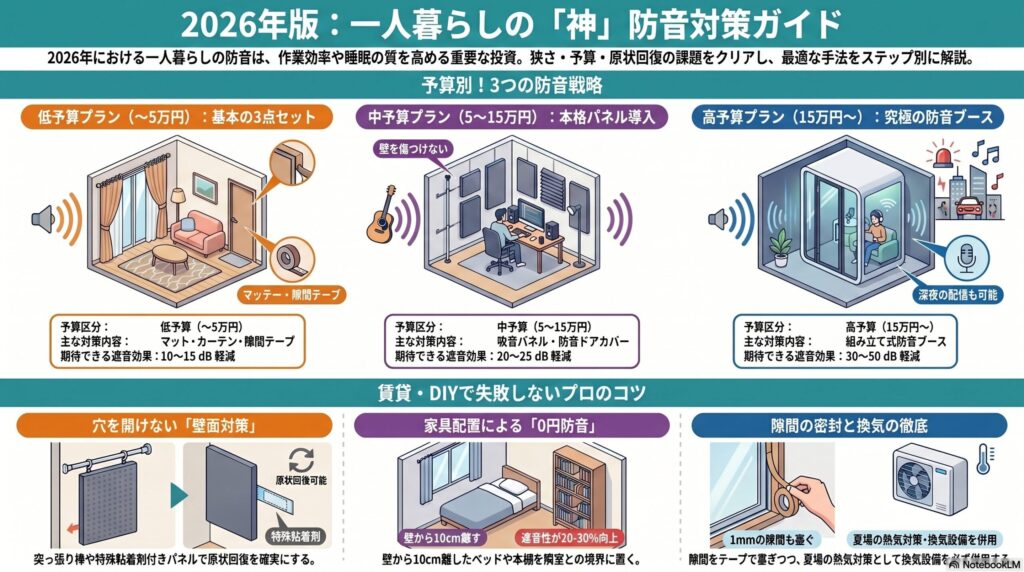 一人暮らしの防音室のメリットについて解説した画像