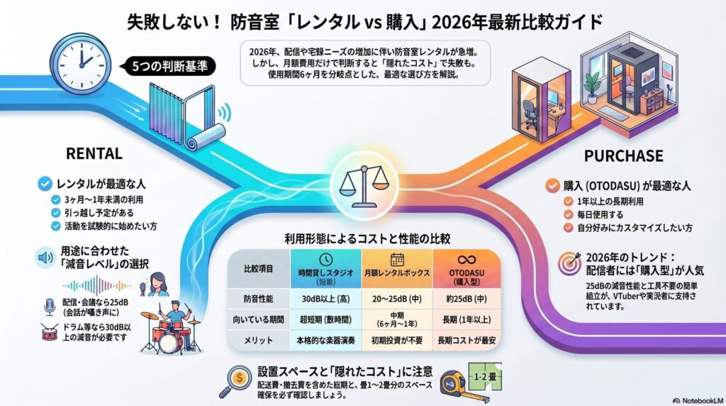 防音室「レンタル vs 購入」2026年最新比較ガイド。2026年は配信ニーズ増加でレンタルが急増しているが、月額費用以外の隠れたコストに注意が必要。判断基準は5つ。レンタルが最適な人は、3ヶ月〜1年未満の利用、引っ越し予定がある、試験的な活動開始、用途に合わせた減音レベル(配信25dB、ドラム30dB)が必要な人。購入(OTODASU)が最適な人は、1年以上の長期利用、毎日使用、自分好みにカスタマイズしたい人。2026年のトレンドとして、25dB減音と工具不要の簡単組立がVTuberや実況者に支持されている。設置スペースと隠れたコスト(配送・撤去費、畳1〜2畳分のスペース確保)に注意